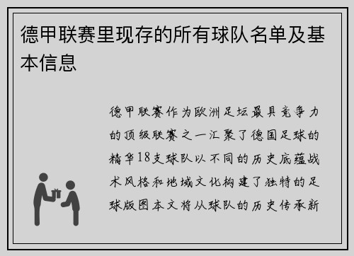 德甲联赛里现存的所有球队名单及基本信息